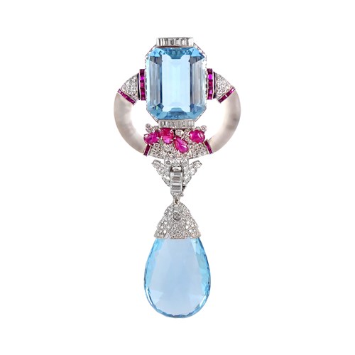 Art Deco aquamarine, ruby, diamond and crystal brooch